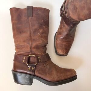 Vintage Y2K Brown Leather Mid Calf Harness Boots Moto Western Engineer Biker 9